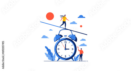 Balancing act on clock face highlights urgent deadlines and time management challenges