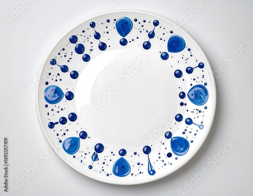 Round white plate with blue decorative droplets