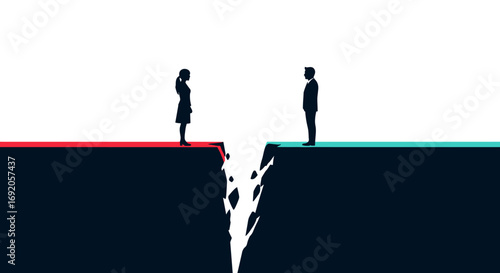 Business professionals facing a deep chasm symbolizing conflict, disagreement, or a significant challenge ahead.