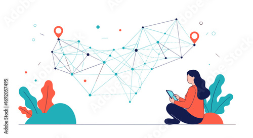 Woman using tablet to connect global network points, symbolizing data, technology and communication