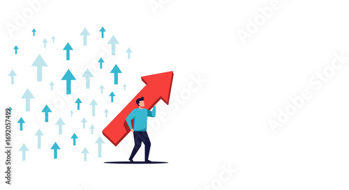 Ambitious businessman carries massive red arrow symbolizing business growth and success upwards