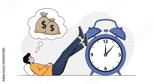 Man dreams of money bags while relaxing by alarm clock, symbolizing financial goals and time management.