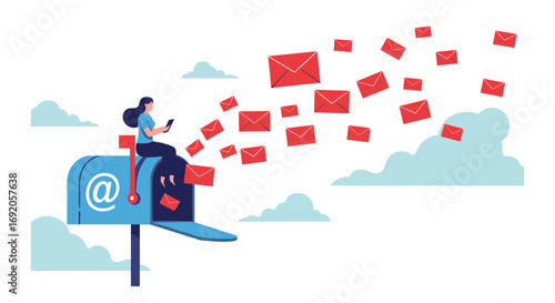 Woman manages online communication and digital mail with tablet near mailbox and flying envelopes