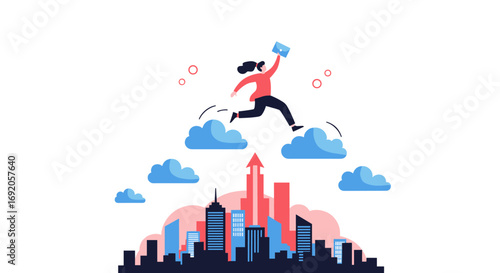 Woman leaping through clouds over city skyline symbolizing ambition, growth, and success