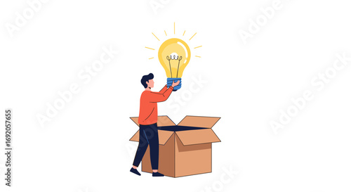 Man unboxing a bright idea lightbulb symbolizing innovation and inspiration for business success