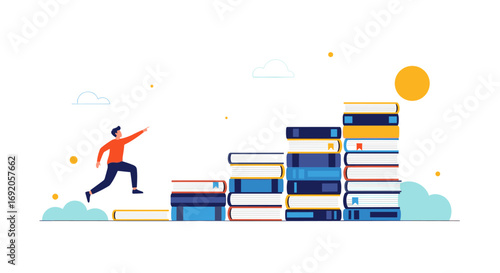 Driven individual leaps forward on stack of books symbolizing knowledge and career advancement