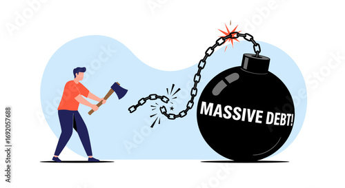 Person breaking chains of massive debt with axe, achieving financial freedom and success