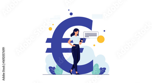 Modern businesswoman uses smartphone near large Euro symbol, symbolizing financial success and digital communication.
