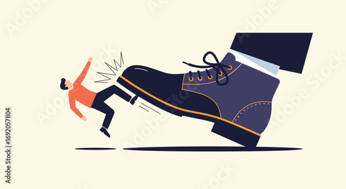 Business power crushes small person, illustrating corporate dominance and struggle for survival in competitive markets.