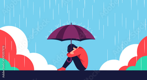 Sad person huddled under umbrella during rain, seeking shelter from storm