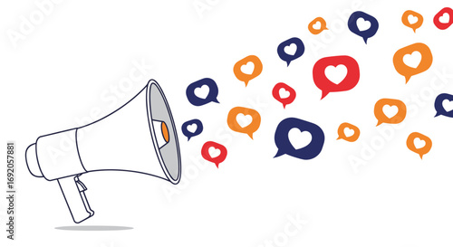 Loudspeaker broadcasting positive messages and hearts, spreading love and engagement online