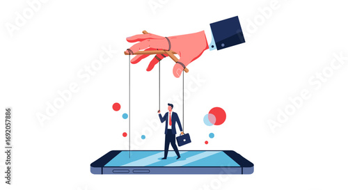 Puppet businessman controlled by hand on smartphone screen, symbolizing manipulation and digital influence