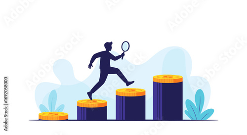Dynamic businessman leaps across coin stacks with magnifying glass, seeking financial growth opportunities