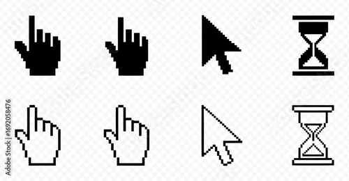 Computer mouse cursor icons. Cursors containing pointer, arrow and hand symbol with pixelated form. Transparent vector illustration.