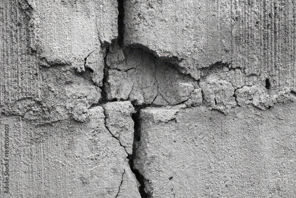 Obraz premium Gray concrete wall with deep cracks