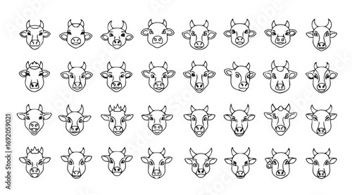 Collection of diverse cow head silhouettes in a grid layout