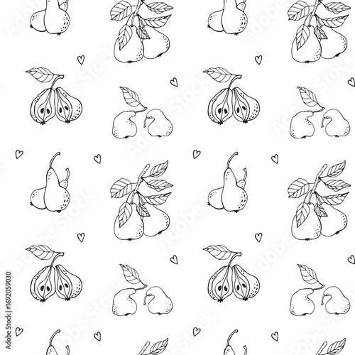 Cute and funny seamless vector pattern with pears in love. For Valentine day decoration, celebration, wedding, food menu,  backgound, packaging. Hand drawn in outline doodle style. Black and white.