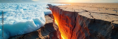 Cracked earth reveals geological fault line, juxtaposed with melting glacial ice signifying the impact of global warming and increased seismic activity ,  geological hazard,  cracked earth,  ice melt
