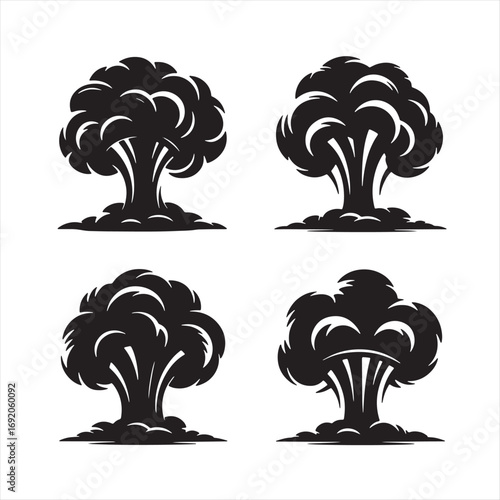 Dynamic vector silhouettes of mushroom clouds, symbolizing explosions and atomic blasts for impactful graphic design