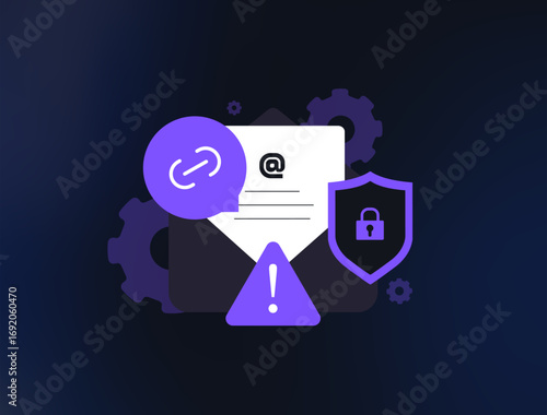 Phishing email alert with warning sign, security shield and suspicious link detection. Phishing e-mail concept for online protection and cyber awareness in digital communication. Vector illustration