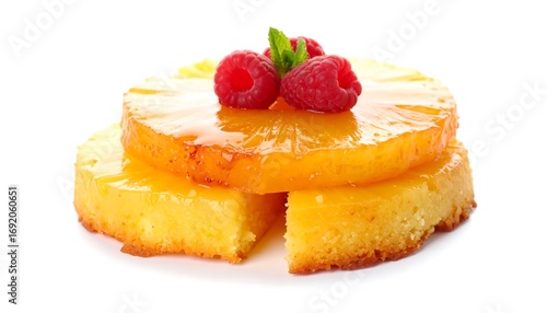 Pineapple cake slices topped with glazed pineapple and raspberries