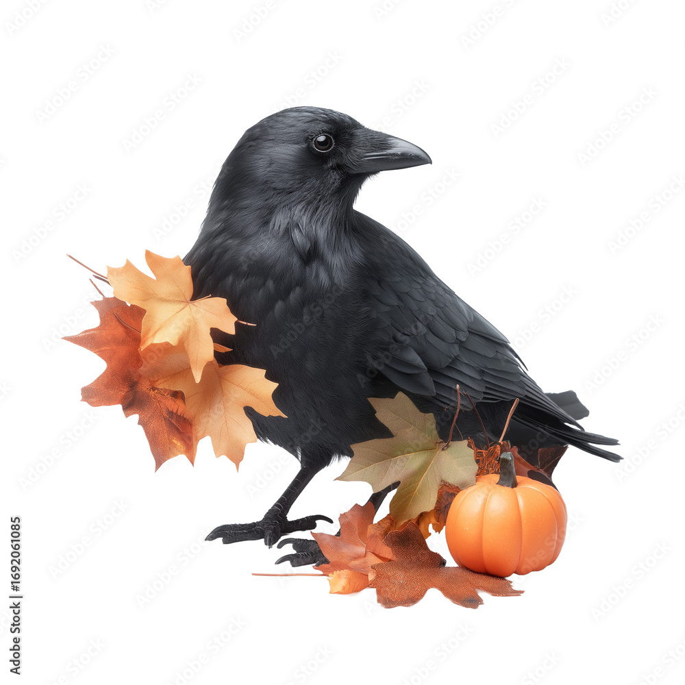 Fototapeta premium a Halloween crow, meticulously detailed with visible feather texture, perched naturally on a clean white background, adorned with a tiny polished pumpkin pin and tangled autumn leaves