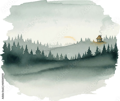 Watercolor Countryside Landscape with Trees, Field, and Cottage – Minimalist Rural Nature Illustration