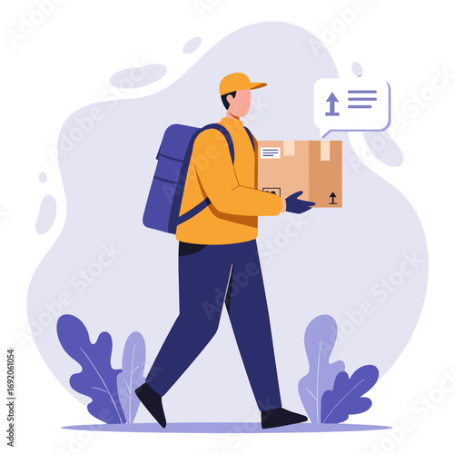 Delivery man carrying a package while walking with a backpack  