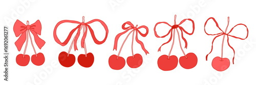 Set of hand drawn ribbon bows with cherries in coquette style. Cute feminine decorative elements for digital design, scrapbooking, planners, invitations, packaging, social media. Vector illustration