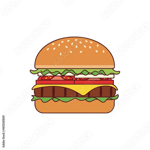 Delicious Illustrated Hamburger with Sesame Seed Bun