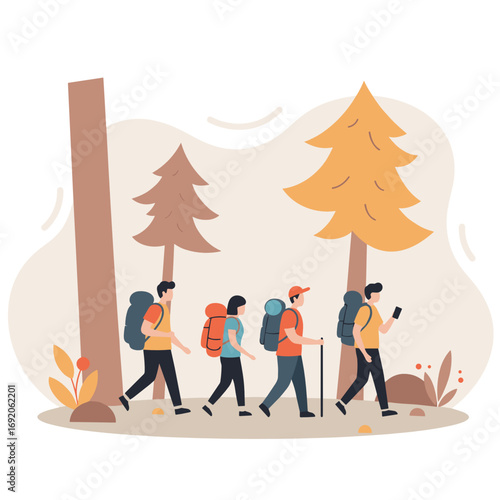 Group of hikers walking through forest with backpacks in nature  