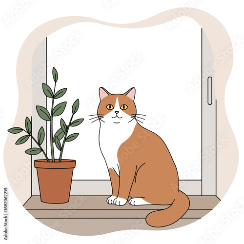 Cat sitting by window with potted plant in minimalist interior  