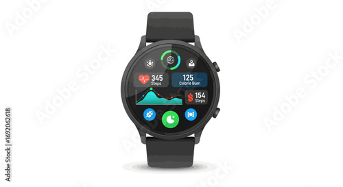A close-up studio shot of a modern smartwatch displaying health metrics and data.