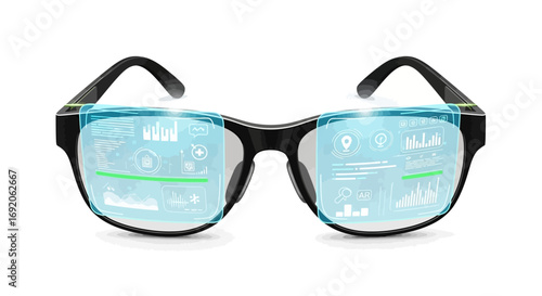 Black eyeglasses with transparent displays showing digital data overlays.