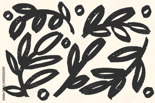 Abstract hand drawn black brush painted leaves and branches vector set, natural organic botanical ornament, ideal for posters, packaging, greeting cards, and decorative design.