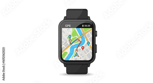 Smartwatch displaying a detailed GPS map with multiple location markers.
