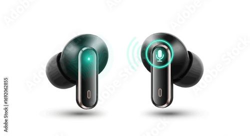 Two wireless earbuds, one with a glowing microphone icon, isolated on white background.