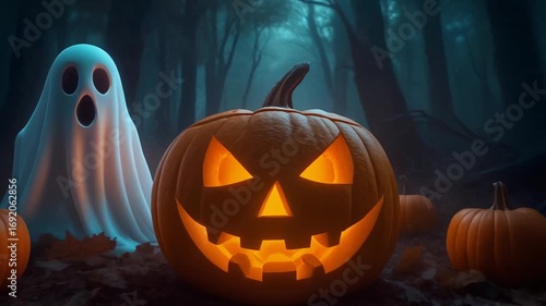 A Jack o lantern in a forest with a ghost 