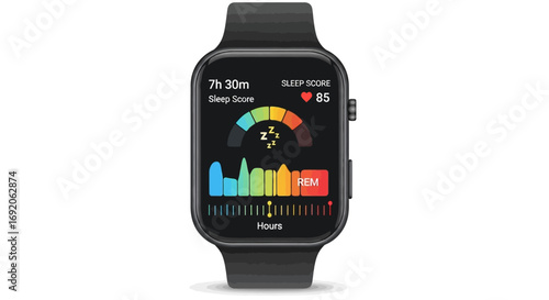 Smartwatch displaying sleep data, including sleep duration, score, and heart rate.
