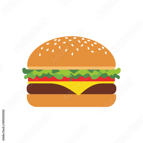 Classic Hamburger Illustration with Sesame Seed Bun and Fresh Ingredients