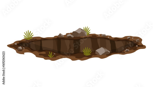 Hole ground. Works digging of sand coal waste rock or gravel. Brown, dry mine element of landscape. Cartoon illustration