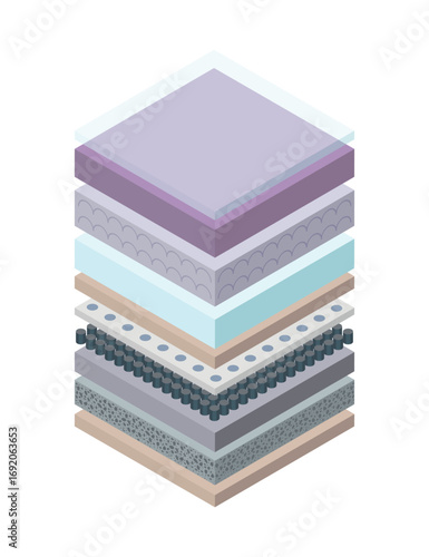 Layered orthopedic mattress icon. Isometric bed section layers. Fabric breathable material, structure for correct sleeping position. Soft filler, comfort synthetic fiber