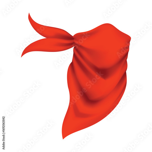 Red realistic bandana on neck. Youth fashion neck scarf or cowboy garment element template. Biker face scarf, bandanna neck shawl. Blank handkerchief unisex uniform. Western clothes