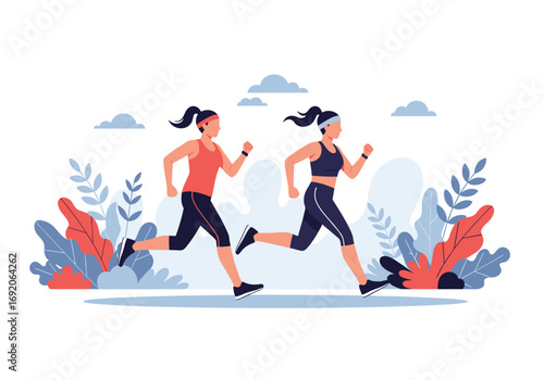Two athletic women running together outdoors surrounded by plants and clouds on a sunny day enjoying a healthy lifestyle and physical fitness activity