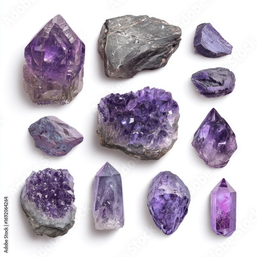 Purple crystals, various shapes, isolated on white
