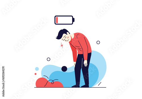 Man feeling exhausted overwhelmed depleted energy low battery symbol indicating stress and fatigue