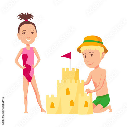 Children delightfully creating a sandcastle at a sunny beach during their vacation