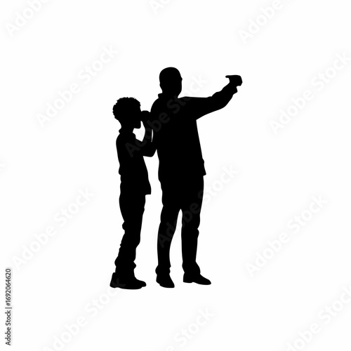 Silhouette of a father and son shouting prices to attract buyers isolated on white background