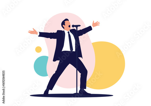 Dynamic male performer on stage with microphone energetically entertaining the audience