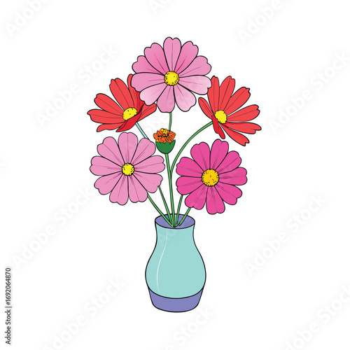 Beautiful cosmos flowers arranged elegantly in a simple vase on a clean white background for decorative use